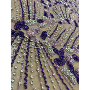 Royal Amethyst Starburst Beaded Couture Lace <b>Fabric</b> Woven with Applique and Metallic Feature - Product Image 3