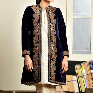 NEW DAZZLING EMBROIDERY ON LONG JACKET ON VELVET FABRIC WITH EMBELLISH OF CRYSTAL BEADS,GLASS STONE WORK FOR PARTY-WEAR @ 2022 - Product Image 1