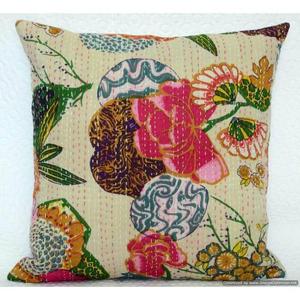 Indian Bohemian Kantha <b>Cushion</b> Cover Handmade Kantha Work Throw Pillow Hand Block <b>Printed</b> <b>Cushions</b> Covers 16X16 inches - Product Image 3