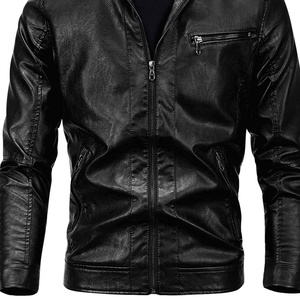 Blouson moto homme en cuir PU noir, fermeture éclair, coupe ajustée, manches classiques, couleur unie, col rabattable, style hiver 2027 - Product Image 3