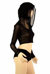 Jersey corto de manga larga con capucha de secado rápido ligero recortado Sheer Mesh Hoodies Top Ladies Sexy Sleep Night See Through Hoodie - Product Image 3