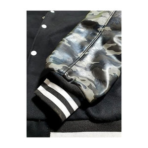 Men Genuine Leather Sleeve & Wool Blend Varsity <b>Jacket</b> Classic College Letterman Elastic Ribbed Trim Adjustable Fit Black-<b>camo</b> - Product Image 2