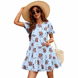 Mini abito da donna con scollo rotondo, maniche a volant, stampa floreale, abito casual estivo stile babydoll - Product Image 1