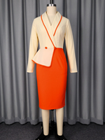 ADR051131 Robe moulante de carrière pour femme à col à revers, manches longues, couleur contrastante, longueur genou, collection Printemps