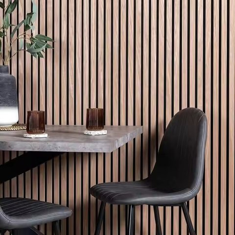 European-Style Natural Wood Acoustic Wall Panels Slotted Slat Graphic Design for Cinematic Room for Living Room Bedroom Hospital