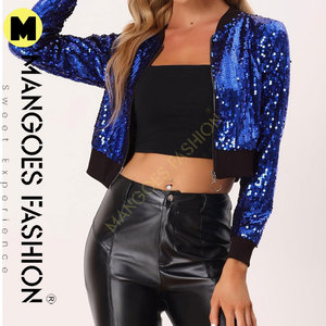 เสื้อแจ็คเก็ตผ้าแคนวาสผู้หญิงแบบมีประกายวิบวับ แต่งเลื่อมแบบเย็บติด พร้อมซิปด้านหน้า ดีไซน์แบบครอป ซับในผ้าไหมระบายอากาศได้ดี และมีหมวกถอดออกได้ - Product Image 3