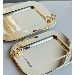 Lot de 3 plateaux de service en acier inoxydable avec poignées dorées Plateaux de service en métal de qualité exclusive pour Offre Spéciale - Product Image 6