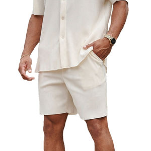 ชุดเสื้อผ้าลูกฟูกสำหรับผู้ชายสีพื้นเสื้ออัดพลีทและกางเกงขาสั้นสำหรับ2024ออกแบบได้เองฤดูร้อน - Product Image 2