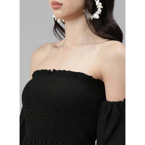 Vestido de Fiesta Elegante Deebaco para Mujer, Color Bronceado, Largo por Encima de la Rodilla, Hombros Descubiertos, Corte en A, Cintura Imperio, Manga Larga, Sólido, de Rayón Lavable - Product Image 2