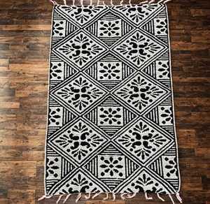 Hand Tufted <b>Black</b> & White Wool <b>Rug</b> Modern Geometric Diamond Floral Boho Area Carpet Decorative Home Flooring - Product Image 3