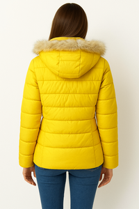 Women's Quilted Puffer <b>Jacket</b> Detachable Faux-Fur Hood, Full Zip & Pockets | Insulated Winter Outerwear, Mustard <b>Yellow</b> - Product Image 4