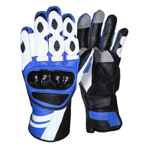 Unisex Genuine Leather Full Gauntlet Motorbike Gloves Blue White Breathable Full Finger Printed Auto Racing Wear Touchscreen - Product Image 1