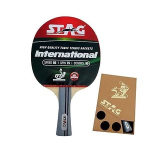 Raquette de tennis de table professionnelle Stag Iconic en bois et caoutchouc avec picots longs, base en fibre de carbone, livrée dans un étui en bois - Product Image 1