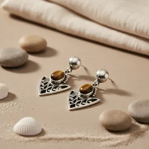 Boucles d'oreilles en argent 925 pour femmes, œil de tigre, plaqué or vintage, pendentif à goutte, perle d'eau douce, bijoux - Product Image 1