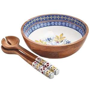 Ensemble de bols à salade en bois d'acacia imprimé émaillé fait à la main respectueux de l'environnement Grand bol de service avec ustensiles de service pour les fruits - Product Image 1