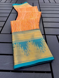 Robe traditionnelle indienne contemporaine non cousue en soie Tussar au design lourd élégant, belle tenue de soirée douce tissée - Product Image 4