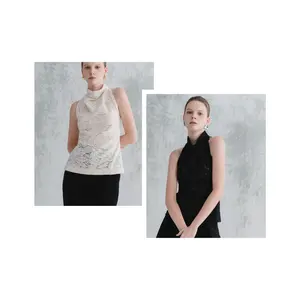 FARAH modis HALTER leher kemeja wanita tanpa lengan baju wanita katun organik bunga renda kain putih ANT Vietnam