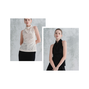 Blusa sin Mangas FARAH con Cuello Halter, Camisa de Mujer, Ropa Femenina, Tela de Encaje Floral de Algodón Orgánico, BLANCO ANT Vietnam - Product Image 1