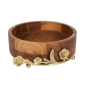 Elegant Modern Round <b>Wooden</b> <b>Salad</b> <b>Bowl</b> with Gold Leaf Accent Polished for Wedding Dinning Ware Home or Hotel Supplies - Product Image 1