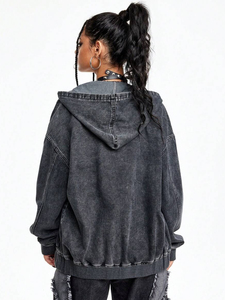 Custom High Quality Acid Washed Oversized Distressed Sweatshirt 500gsm Hoodie Hooded Zip up <b>Denim</b> Pullover <b>Jacket</b> - Product Image 6