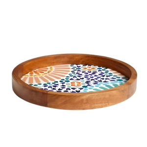 Plateau de service en bois de luxe artisanal Vaisselle ronde en émail imprimé pour les fêtes de mariage et le plateau de service du désert du Ramadan - Product Image 2