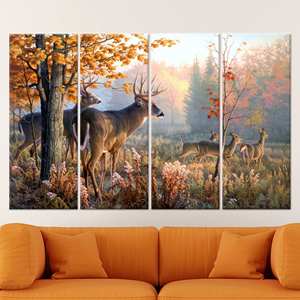 Toile imprimée : Art de la famille des cerfs dans la forêt pour la décoration de la ferme, 4P : encadrée - Product Image 1