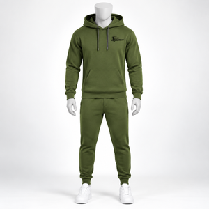 <b>Men's</b> Olive <b>Green</b> Hooded <b>Tracksuit</b> 100% Cotton Full Sleeve Solid Color Casual Jogging Set with Front Logo Print - Product Image 1