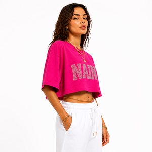 Oversized Crop <b>Top</b> Women <b>Rhinestone</b> Embellished T Shirt Loose Fit Cotton Cropped Tee Streetwear Fashion Summer Wear - Product Image 5