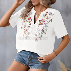 Camiseta de Algodón de Alta Calidad para Mujer, Bordada, de Manga Corta, Cómoda para Uso Casual - Product Image 5