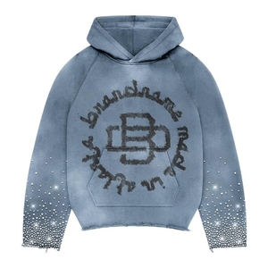 Sudadera con capucha con cremallera de gran tamaño Boxy de algodón pesado personalizada Fabricante Sin cuerda Hombres Rojo Recortado Cremallera completa Impresión de sudadera con capucha de diamantes de imitación - Product Image 5