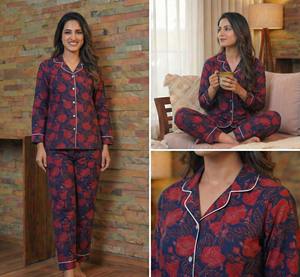 Conjunto de Pijama de Algodón Tejido Térmico para Mujer, Primavera/Verano, Estampado en Bloques, Hecho a Mano, Transpirable, Cuello en V, Largo Completo - Product Image 4