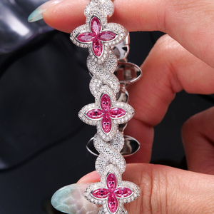 In Bulk 925 Silver Fully <b>Iced</b> <b>Out</b> VVS Moissanite Diamond Cuban Link <b>Chain</b> Bracelets Pink Lucky Clover for Women's Fine Jewelry - Product Image 2