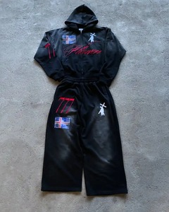 High Street Goth Harajuku Zipper <b>Hoodie</b> and Sweatshirt Set Men's Retro <b>American</b> Streetwear Trendy Casual Sports Suit - Product Image 1