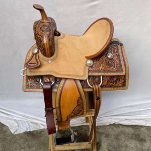 Premium <b>Wood</b> Tree Barrel Racing Artwork Western Leather Saddle Set | Hand <b>Tooled</b> SS Fittings Free Tack Set Horse Riding - Product Image 2