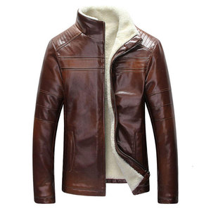 Brown Cow Leather PU Men's Windproof Jacket Sherpa Lined Stand Collar <b>Zip</b>-<b>Up</b> Regular Fit Winter Outerwear with Logo - Product Image 1