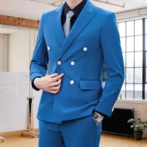 Costumes pour hommes bleu marine 3 pièces col plat confortable double boutonnage costume de mariage formel coupe ajustée pour hommes