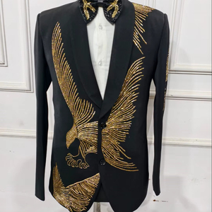 Costume brodé noir et or pour homme Costume de mariage élégant pour marié Tuxedo Prom Blazer Set - Product Image 1