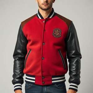 Chaqueta Universitaria Vintage de Alta Calidad: Cuerpo de Lana, Mangas de Cuero, Parches con Logotipo Personalizado, Botones a Presión, Acolchado Grueso y Cálido, Venta al por Mayor - Product Image 4