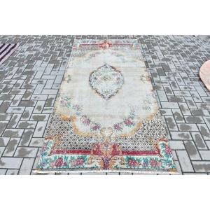 Vintage Area Rug 3.9x8.2 ft, Turkish <b>Red</b> Plants & trees <b>Wool</b> Rug - Product Image 1