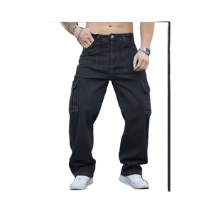 Men's Loose Fit Wide-Leg Pants Casual Style Multi-Pocket Design Washed <b>Navy</b> Blue Cargo Jeans Suitable for All Seasons Bangladesh - Product Image 1