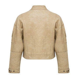 Chaqueta Bomber de cuero beige para mujer Cremallera personalizada Multi-Bolsillo Ropa de abrigo informal Diseñador elegante Fabricantes al por mayor Lona - Product Image 5