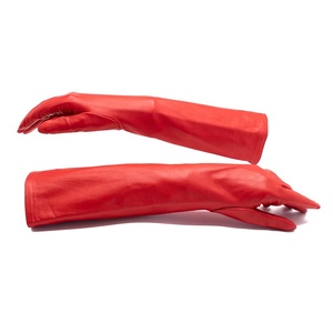 Color rojo Moda Manga larga Invierno Dama Piel de cordero Hasta el codo Piel de cabra Piel de oveja Guantes de cuero de Pakistán - Product Image 2