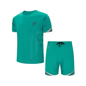 Set kaus dan celana olahraga pria, setelan lari katun Logo kustom musim panas