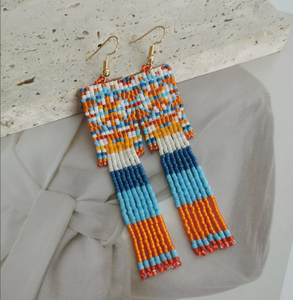 Long Statement <b>Dangle</b> <b>Earrings</b>, Handmade Rectangular Beadwork <b>Earrings</b> Fringe Tassel <b>Earrings</b> - <b>Gold</b> - Long - Product Image 3