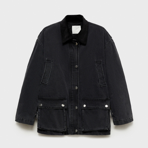 Chaqueta Utilitaria Negra para Mujer con Cuello de Pana en Contraste, Chaqueta de Trabajo Informal con Múltiples Bolsillos para un Estilo Moderno y Diario - Product Image 1