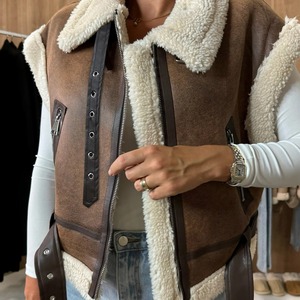 Gilets d'hiver pour femmes, mode féminine, 100% laine de mouton de qualité supérieure, gilet en fourrure, col en fourrure, veste en cuir véritable, vente en gros - Product Image 5