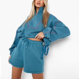 Women's Custom Running Zip Hoodie & <b>Sweatpants</b> Set Oversized Drop Shoulder Solid Pattern 2-Piece <b>Short</b> Set - Product Image 2