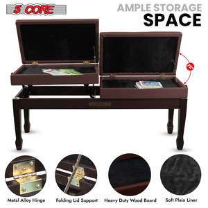 5 Core Duet Piano <b>Bench</b> 3.5 Inch Padded <b>Cushioned</b> Stool Wooden Heavy Duty Musician Chair w Storage - Product Image 4