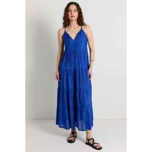 Atractivo 2025 verano rayón largo liso azul señoras vestido para mujeres Boho cómodo suelto Casual Maxi vestido - Product Image 1