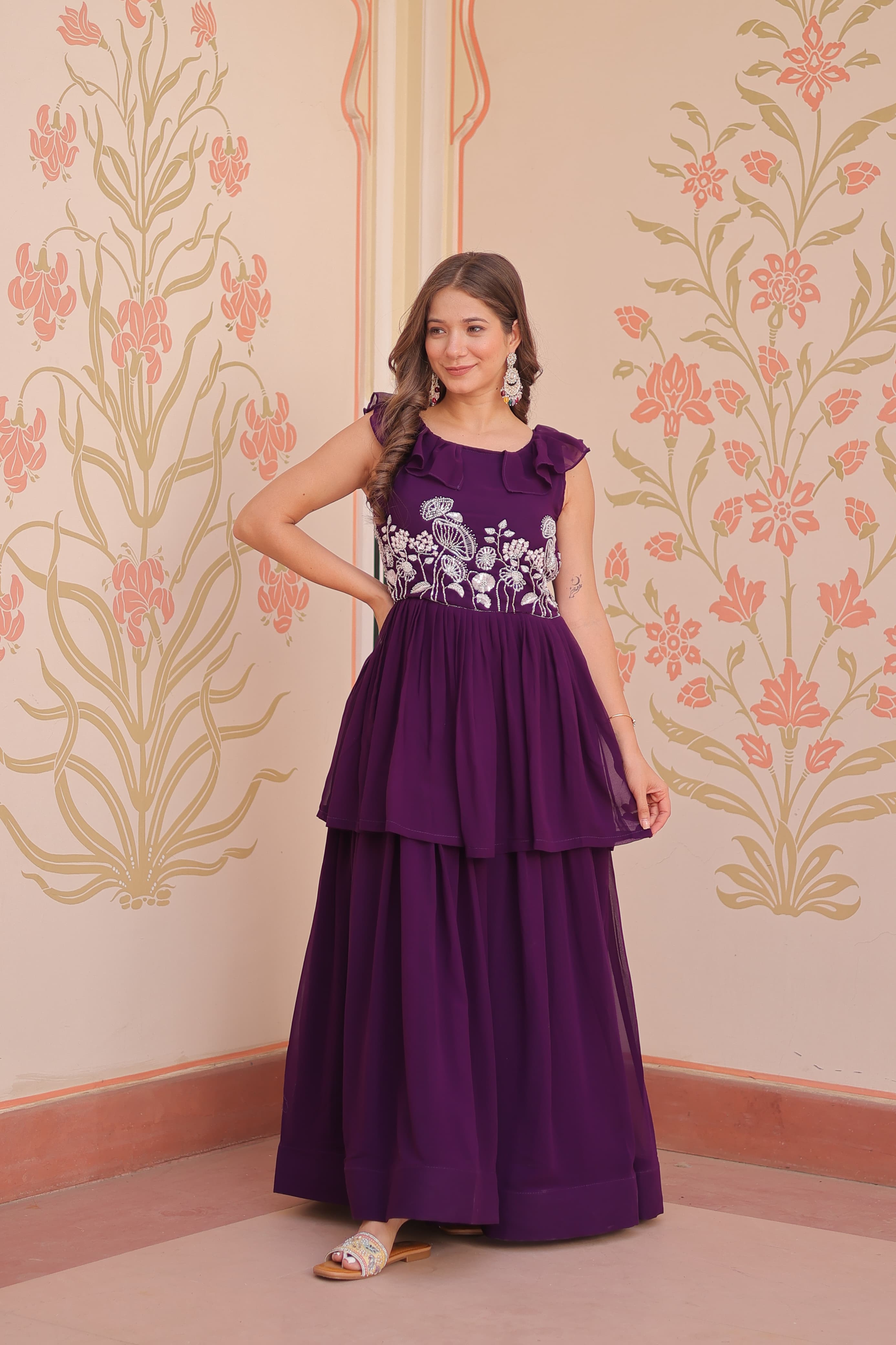peplum style indian dresses Black Sequence Embroidery Peplum Style Sharara Suit